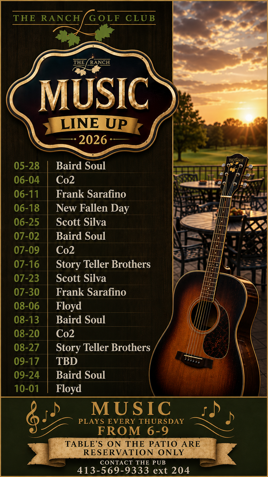 The Ranch Golf Club 2026 Music Line Up flyer featuring a calendar of Thursday night performances from May to October, set against a background of a golf course patio at sunset and an acoustic guitar.